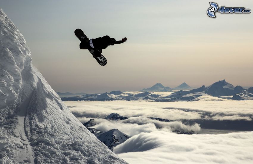 snowboarding, ugrás, felhők felett, havas hegyek