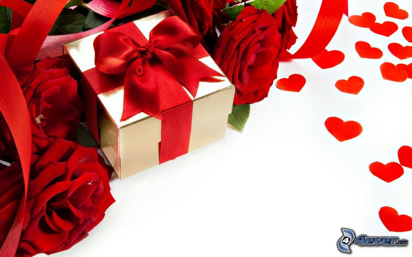 ajándék, vörös rózsa, piros szívek
