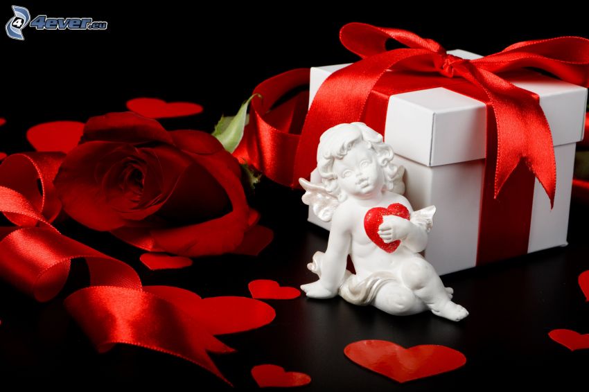 angyal, piros szívek, vörös rózsa, ajándék