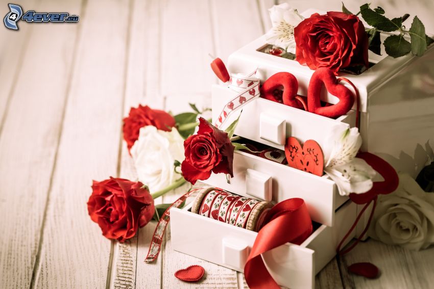 doboz, vörös rózsa, fehér rózsák, piros szívek, szalagok, fiók