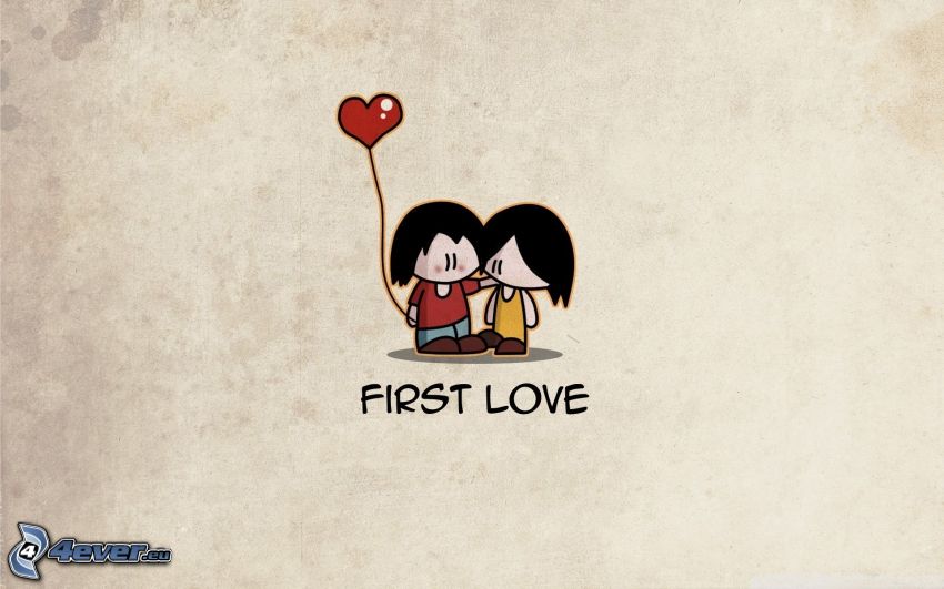 első szerelem, rajzolt párocska, léggömb, szivecske