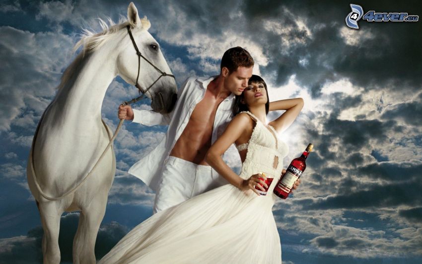 Eva Mendes, férfi, fehér ruha, fehér ló, üveg, felhők