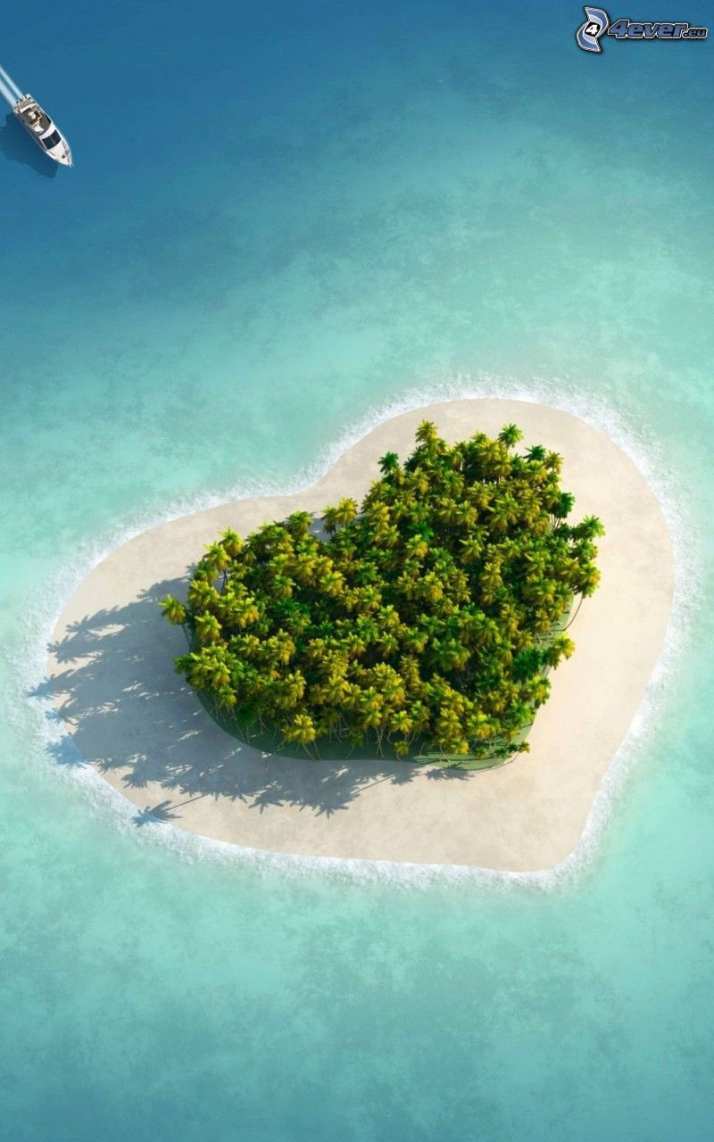 szív, sziget, tenger, pálmafák, jacht
