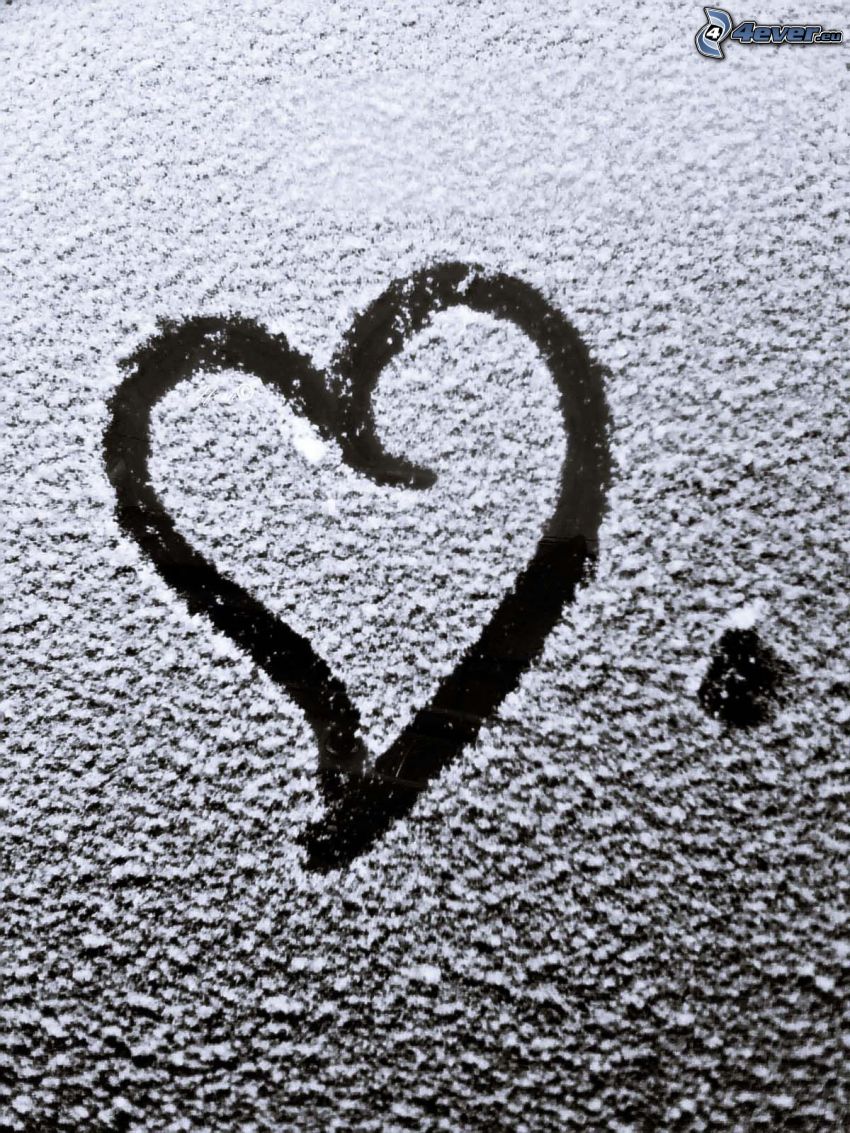 szív az ablakon, jegesedés, szerelem, hó