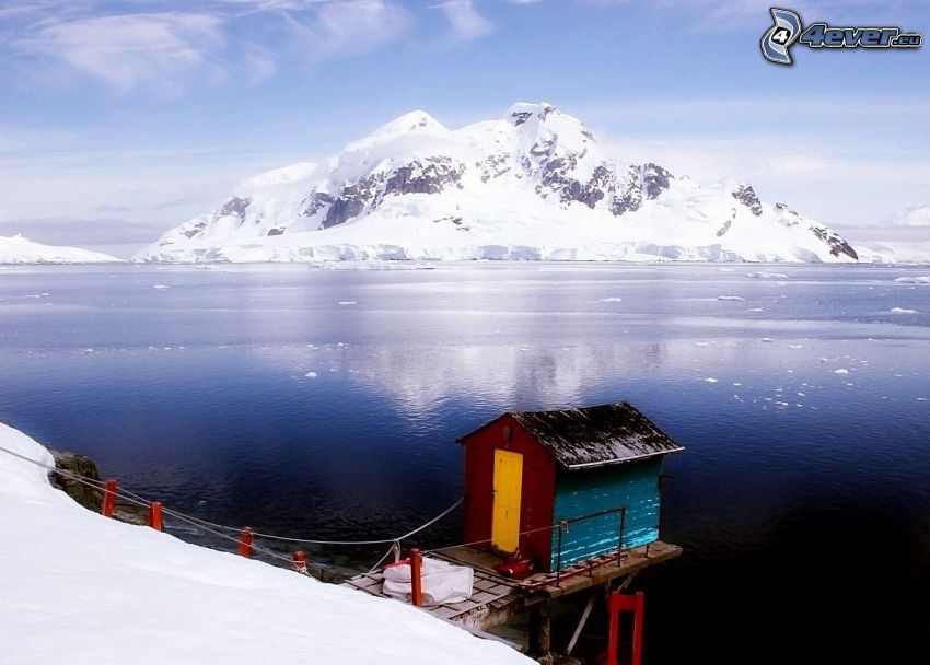 Antarktisz, házikó, havas sziklás sziget, Jeges-tenger