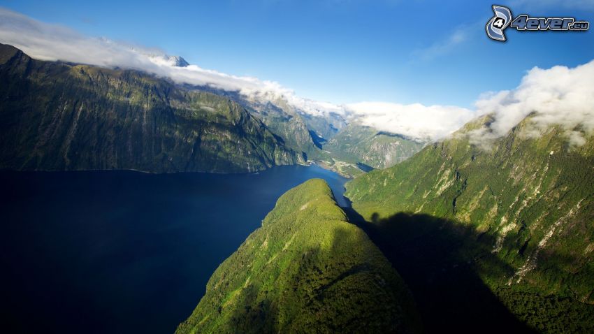 fjord, magas hegyek, tenger, öböl, felhők