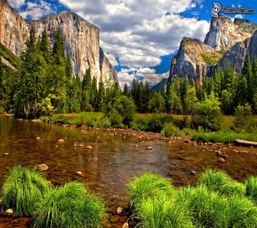 folyó a Yosemite Nemzeti Parkban, El Capitan, patak, sziklás hegységek, fű, fák, felhők