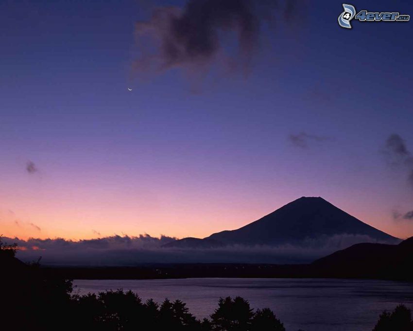 Fuji, este, éjjeli égbolt, hold