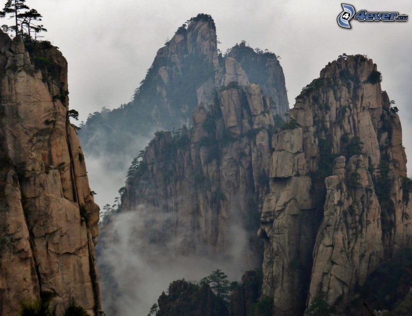 Huangshan, sziklás hegységek, köd