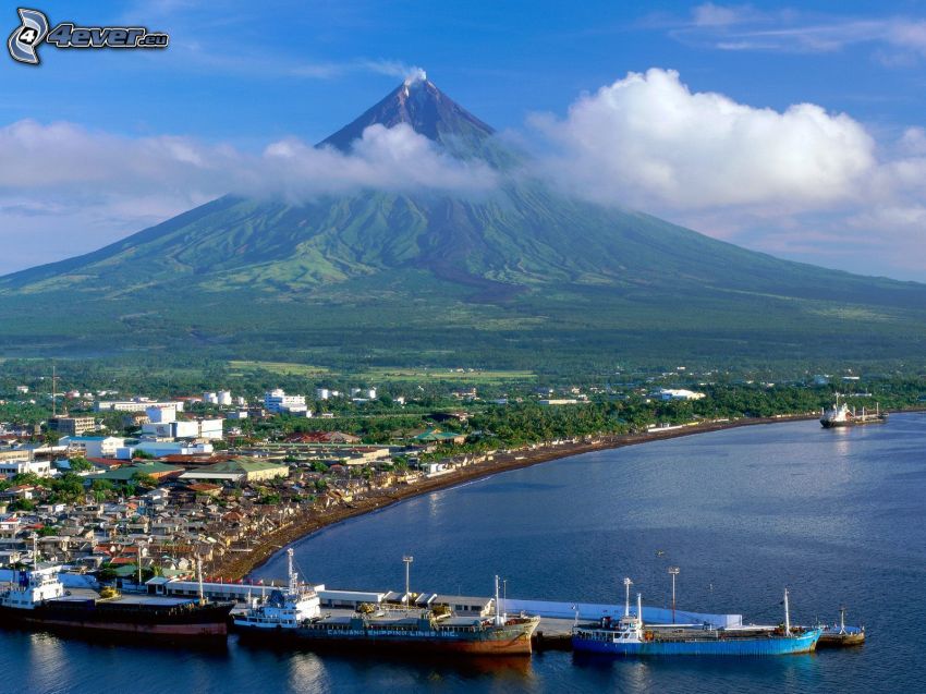 Mount Mayon, Fülöp-szigetek, vulkán, hajók, tenger, felhő