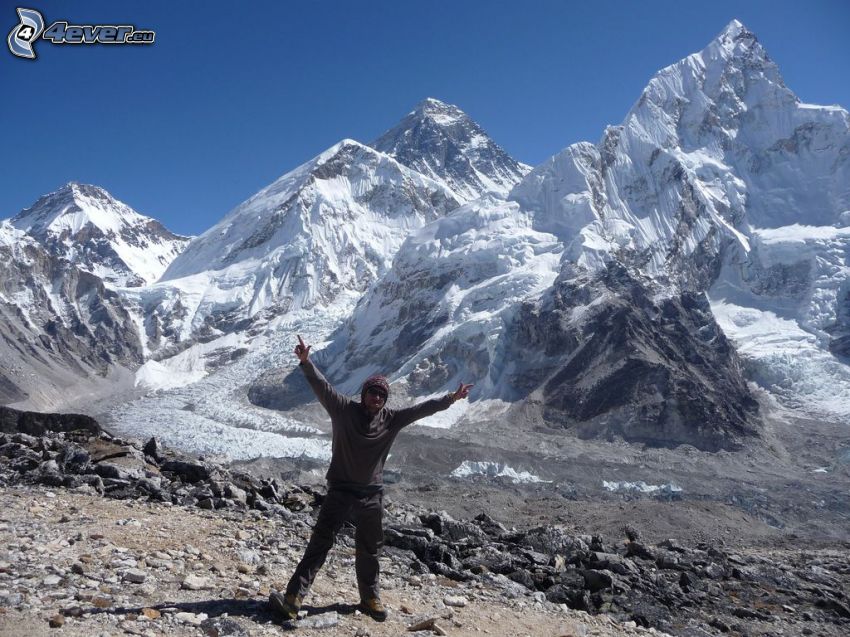 Mount Nuptse, turista, havas hegyek, Nepál