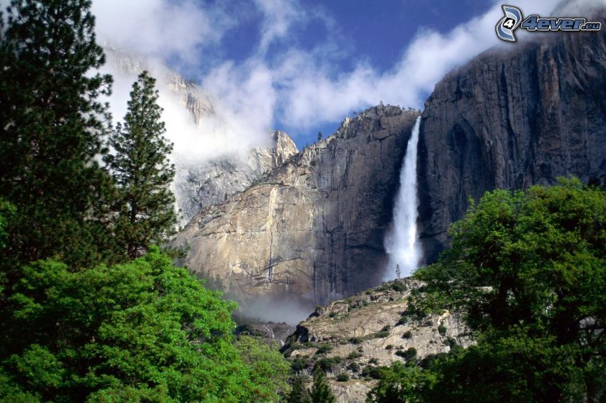 vízesés a Yosemite Nemzeti Parkban, erdő, fák, sziklák, természet