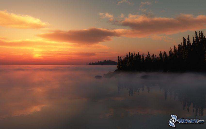 köd a tó felett, földszinti köd, tűlevelű erdő, narancssárga égbolt, naplemente a tavon