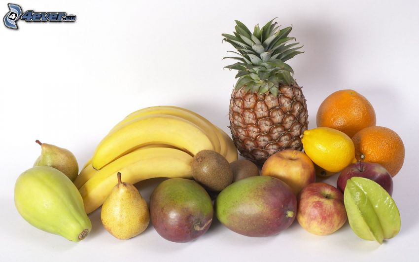 gyümölcs, ananász, banán, mangó, kiwi, körték, narancsok, almák
