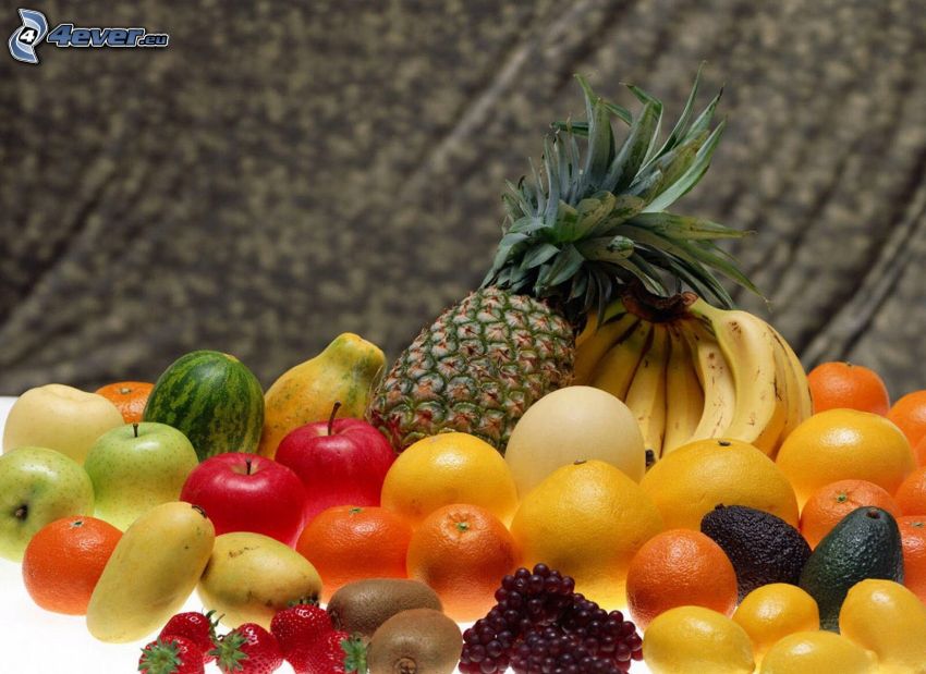 gyümölcs, ananász, banánok, narancsok, dinnye, grépfrút, piros almák, szőlő, kiwi, avokádó, citromok, eprek