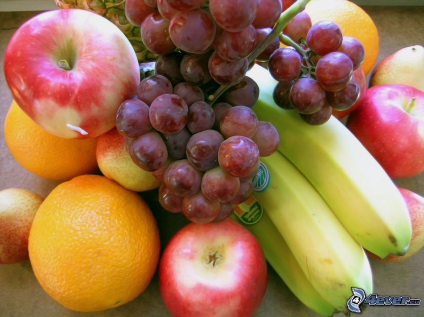 gyümölcs, banánok, almák, narancsok, szőlő