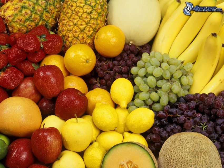 gyümölcs, banánok, ananász, eprek, citrom, szőlő, alma