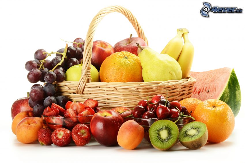gyümölcs, kosár, körték, narancsok, almák, szőlő, kiwi, eprek, őszibarackok, sárgabarackok, nektarinok