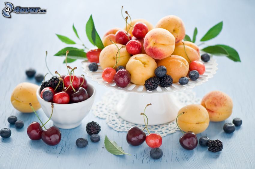 gyümölcs, sárgabarackok, cseresznyék, meggyek, áfonya, fekete szeder