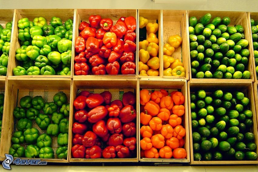 zöldség, uborkák, paprikák, piac