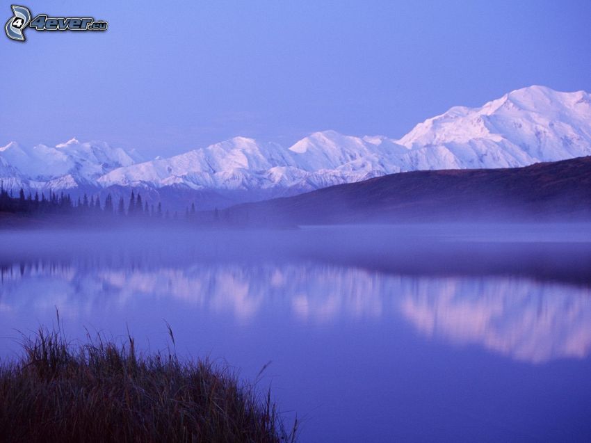 Denali Nemzeti Park, Alaszka, dombok, hegyvonulat, tó, hó