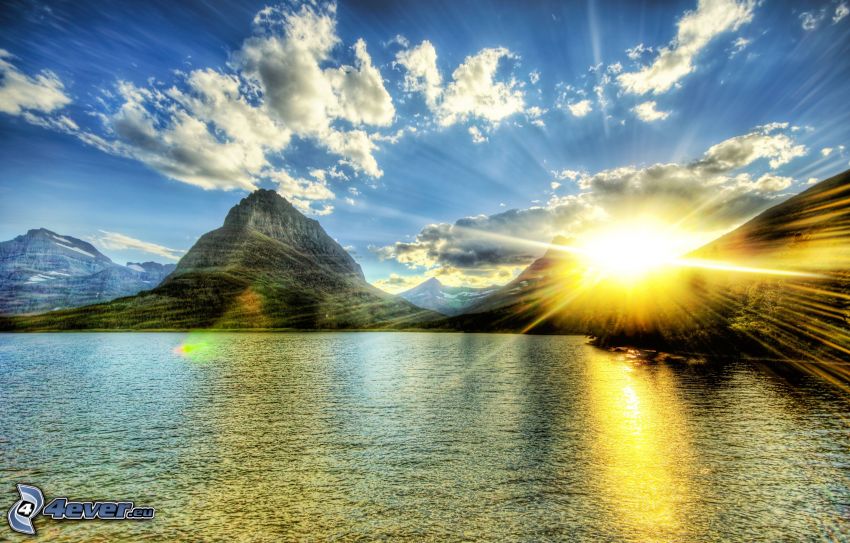 hegyek, nap, ég, tó, HDR