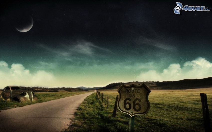 Route 66 US, út, régi autó, hold, rét, jelzés
