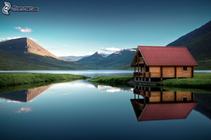 tóparti ház, házikó, hegyek