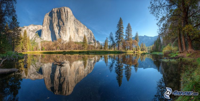 Yosemite Nemzeti Park, tó, szikla, fák, visszatükröződés