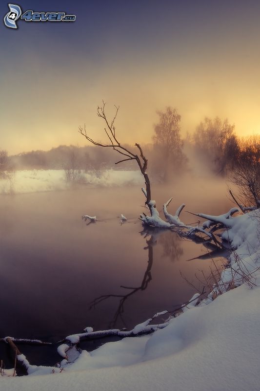téli folyó, hó, napnyugta után