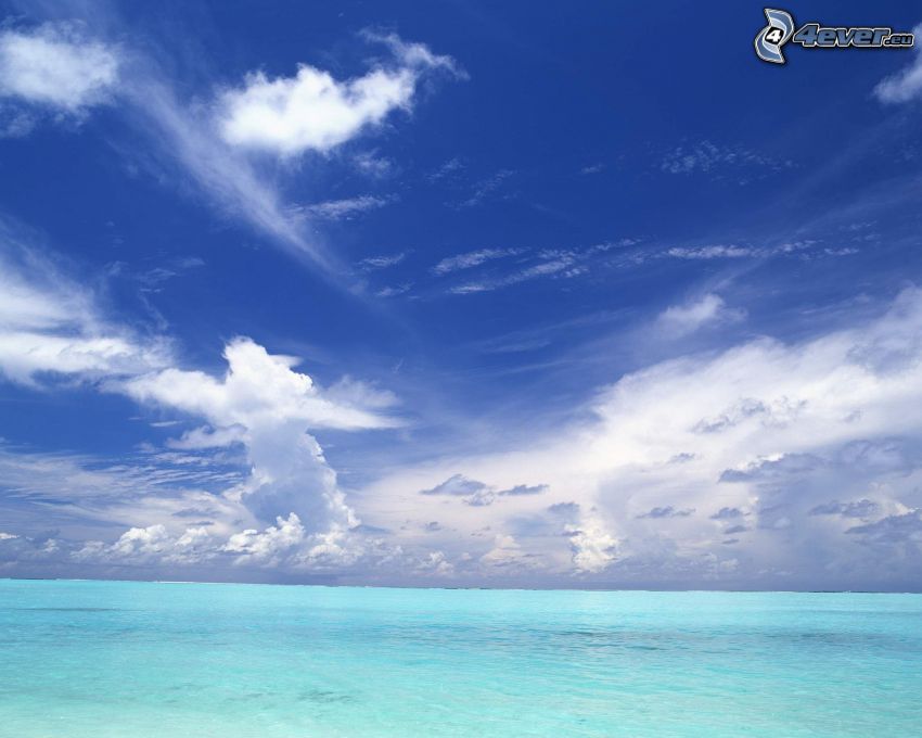 azúrkék tenger, kék ég, felhők, víz, óceán