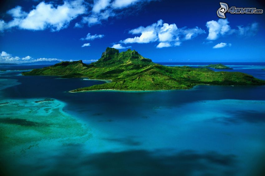 Bora Bora, Francia Polinézia, sziget, azúrkék tenger, óceán, Csendes-óceán, légifelvétel