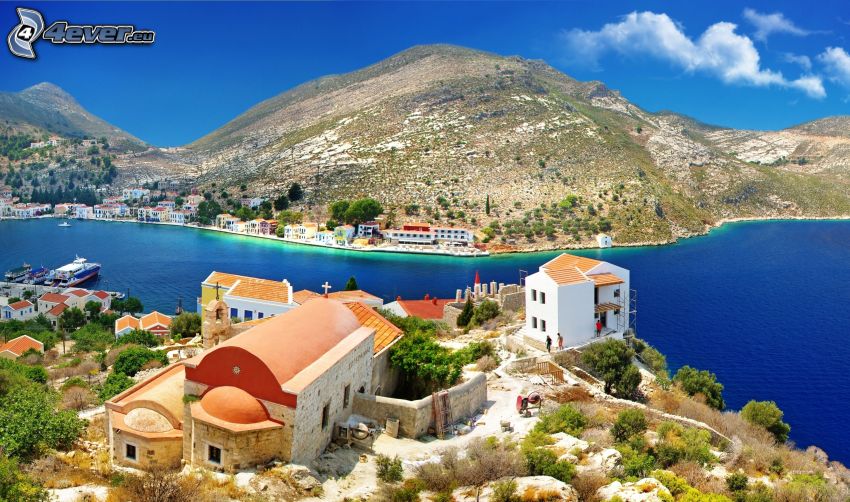 Görögország, tengerparti házak, öböl, domb