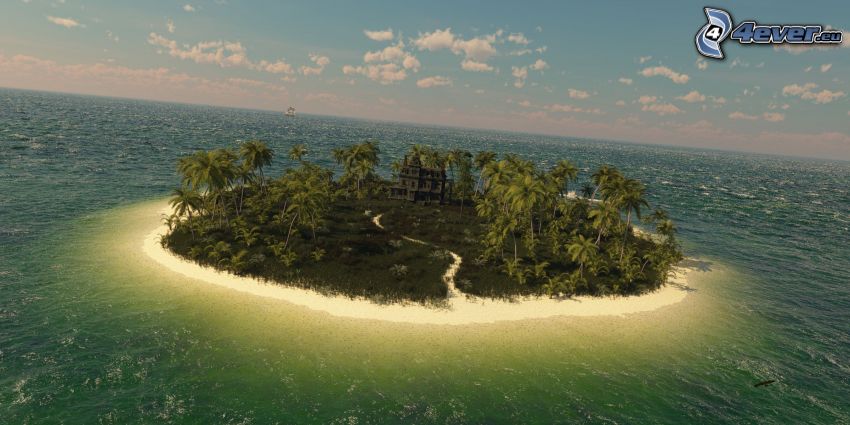 sziget, tenger, elhagyatott ház
