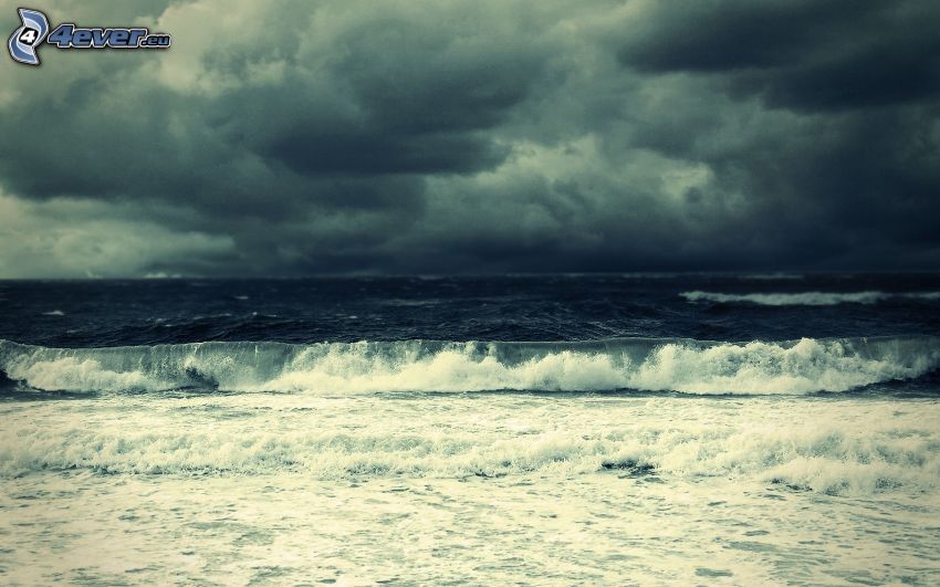 tenger, hullám, viharfelhők