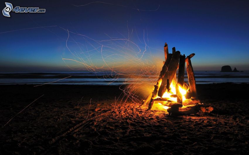 tűz, homokos tengerpart, este