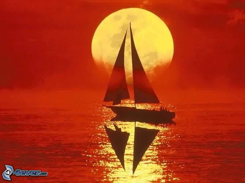 vitorláshajó, tenger, hold, piros