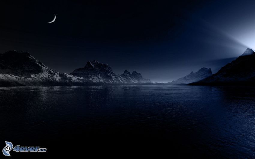 tó, hegyvonulat, hold, éjszaka