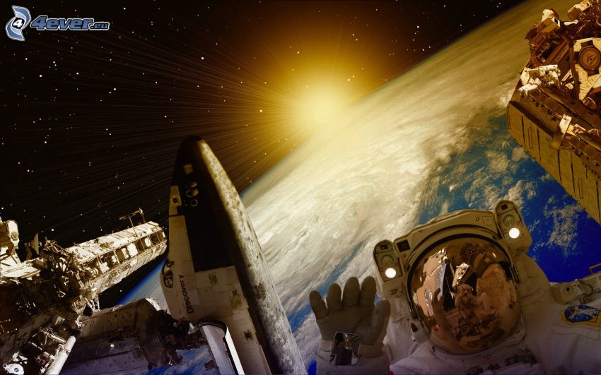 Nemzetközi Űrállomás (ISS), űrhajós, Discovery űrsikló, nap, Föld, digitális művészet