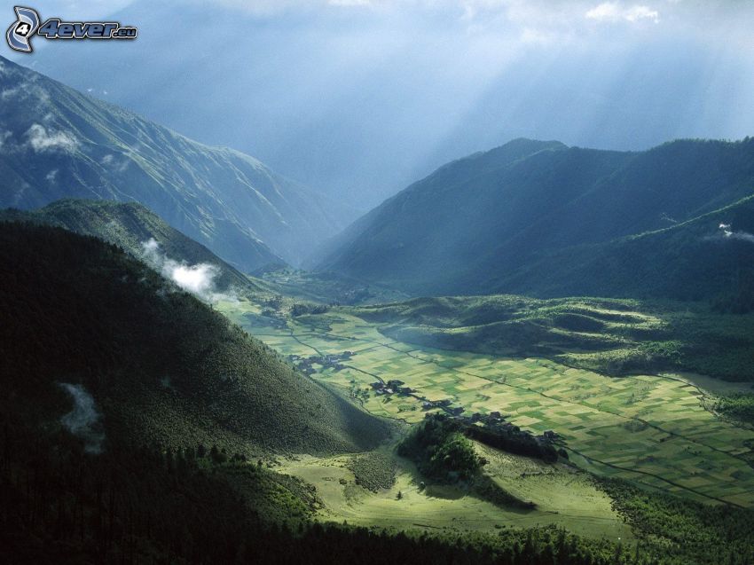 völgy, hegyek, napsugarak, Tibet, mezők