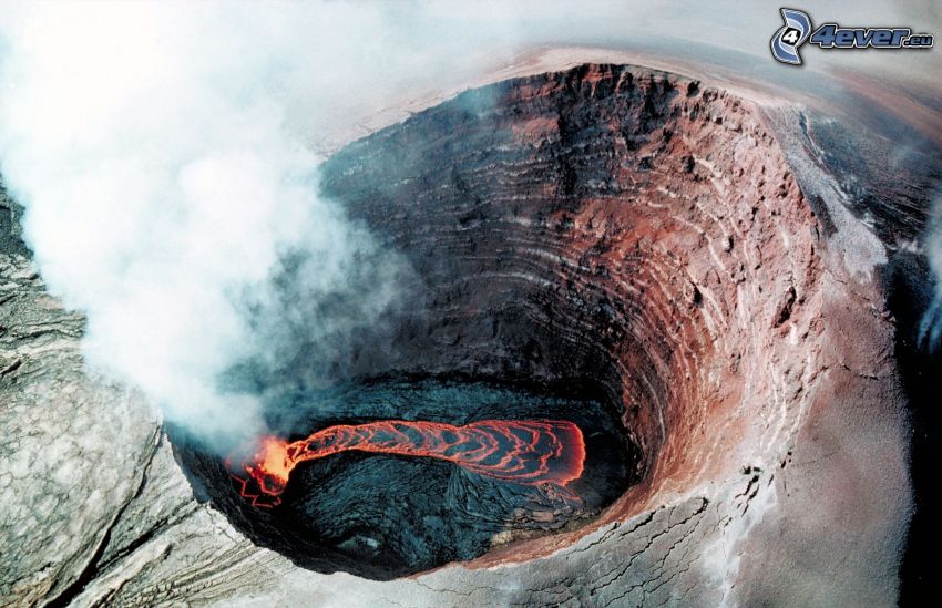 vulkán, kráter, láva, füst