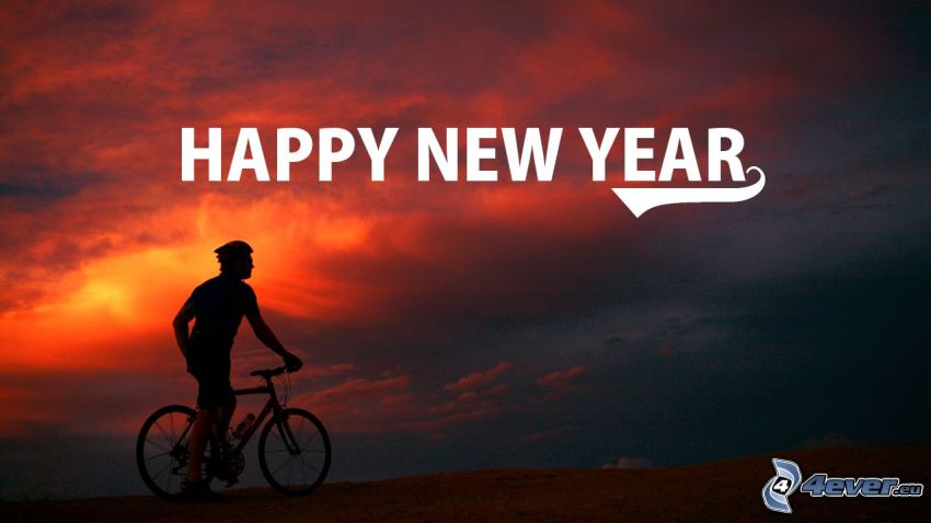 boldog új évet, happy new year, kerékpáros, vörös égbolt