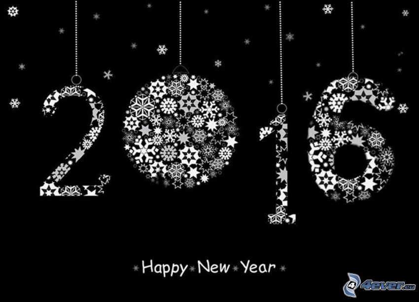 happy new year, 2016, hópelyhek, fekete-fehér