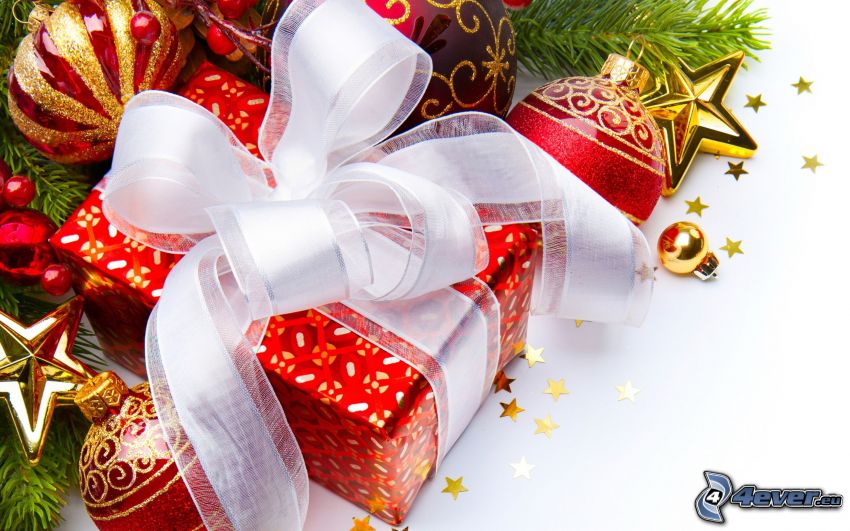 ajándék, karácsonyi gömbdíszek, csillag, tűlevelű ágak