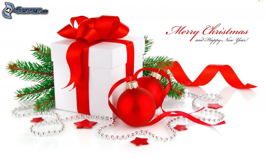 ajándék, Merry Christmas, happy new year, karácsonyi gömbdíszek, tűlevelek