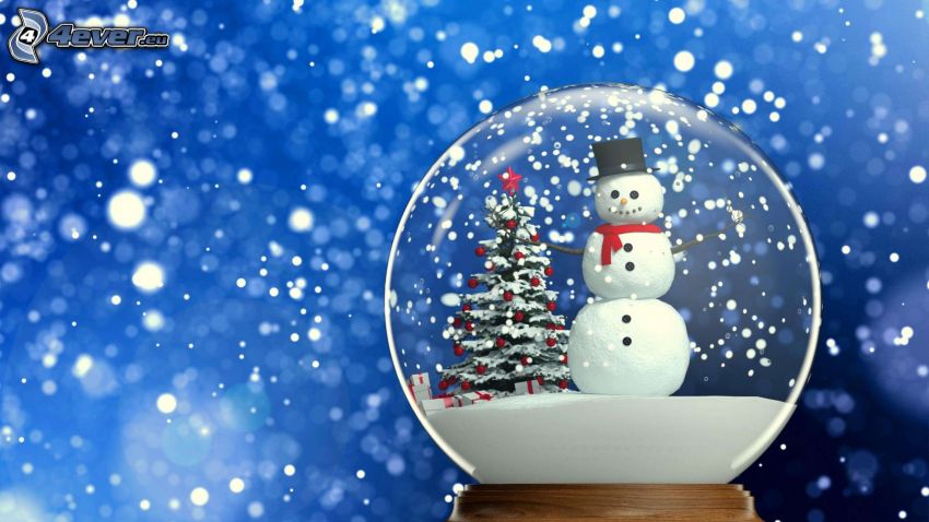 gömb, hóember, karácsonyfa, kék háttér