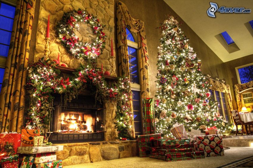 karácsony, karácsonyfa, kandalló, nappali