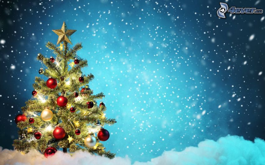 karácsonyfa, hó, karácsonyi gömbdíszek