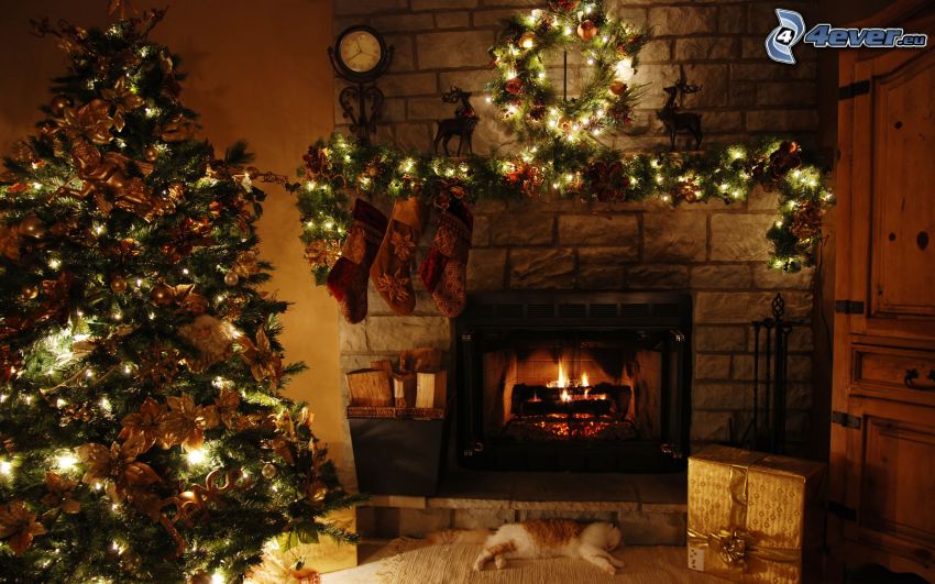 karácsonyfa, kandalló, nappali