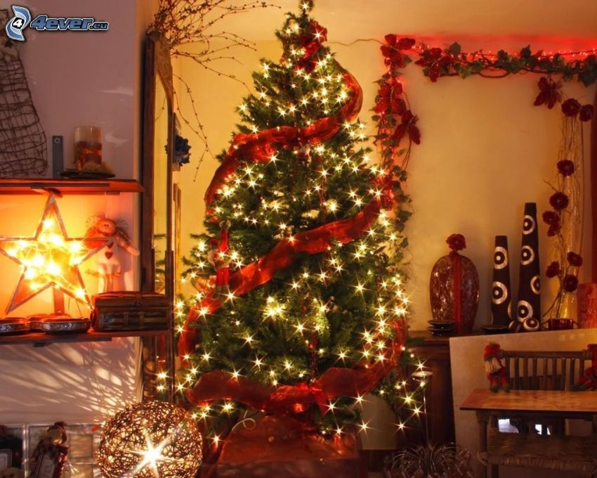 karácsonyfa, szoba karácsonyi díszítéssel